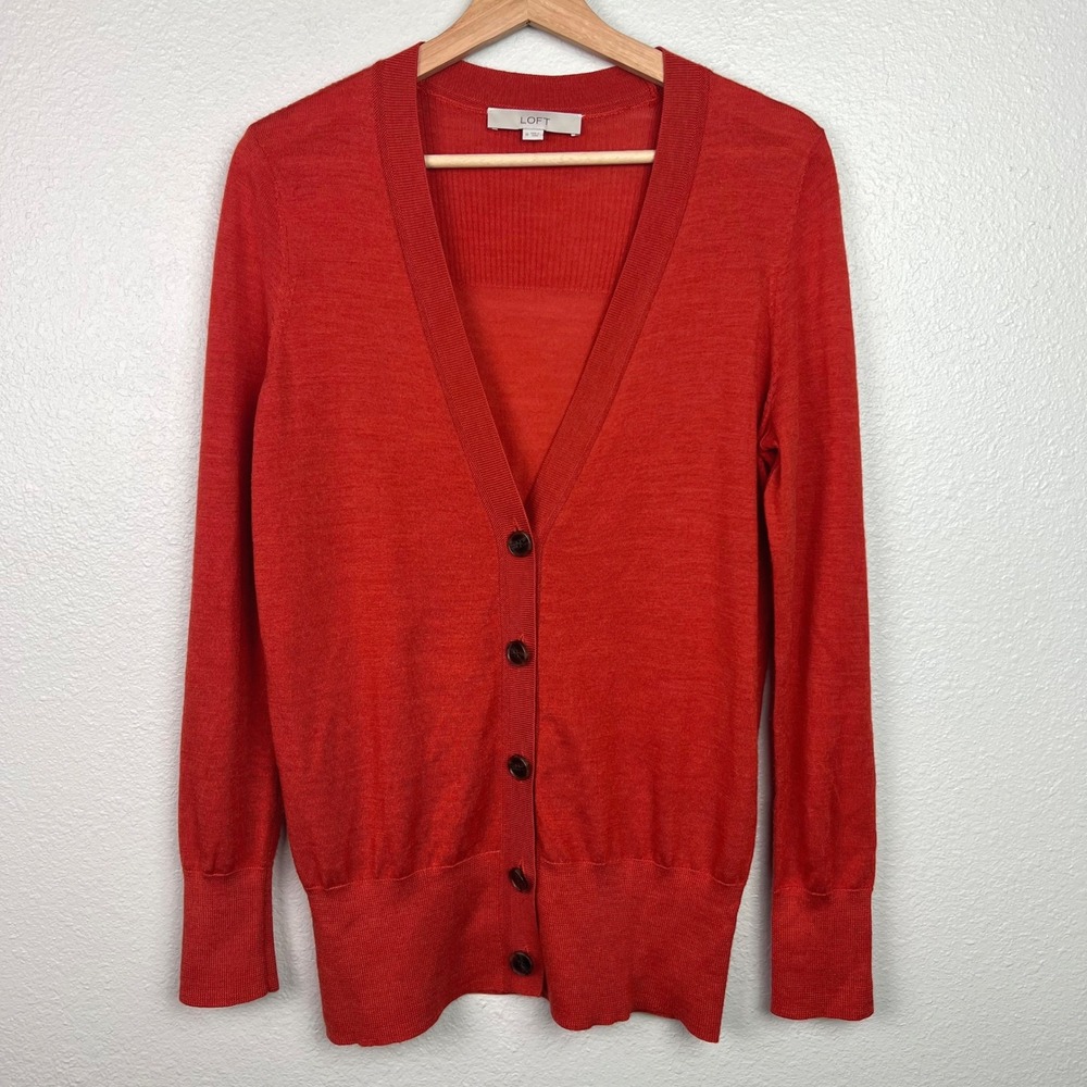 LOFT Women's Medium Wool Blend Orange Long Sleeve Lightweight Button Up Cardigan